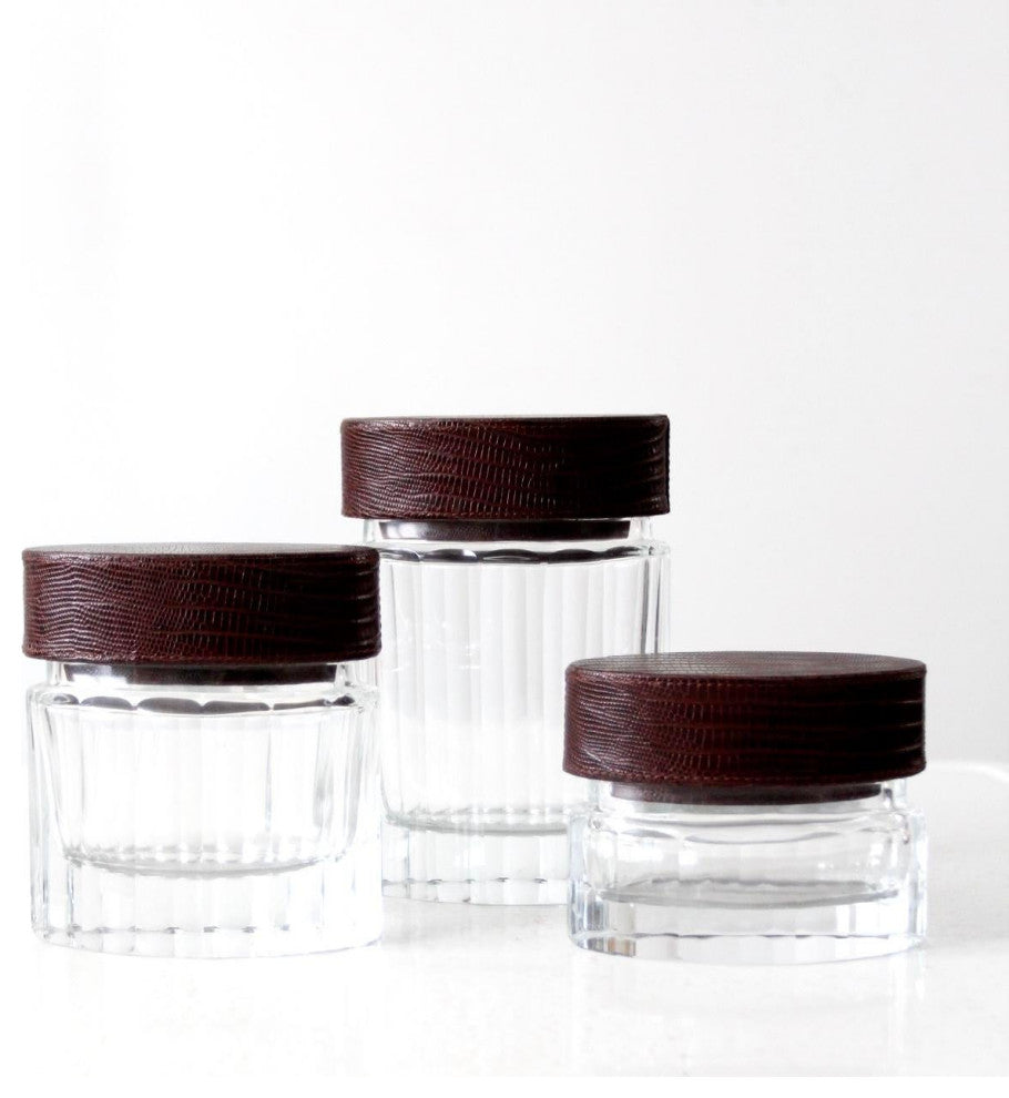 Consigned, Vintage Glass Jars With Leather Lids Set of 3