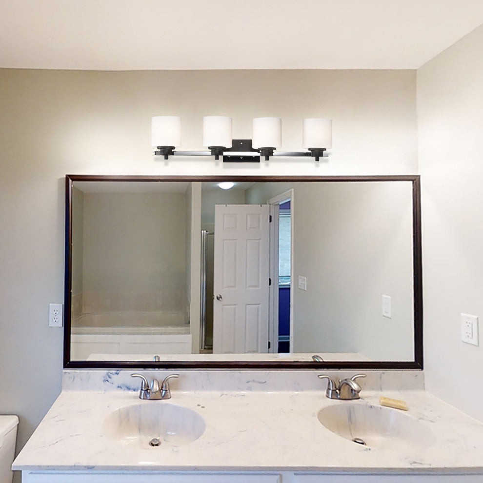 4-Light Black and Chrome Finish Vanity Lights With Etched White Glass Shades