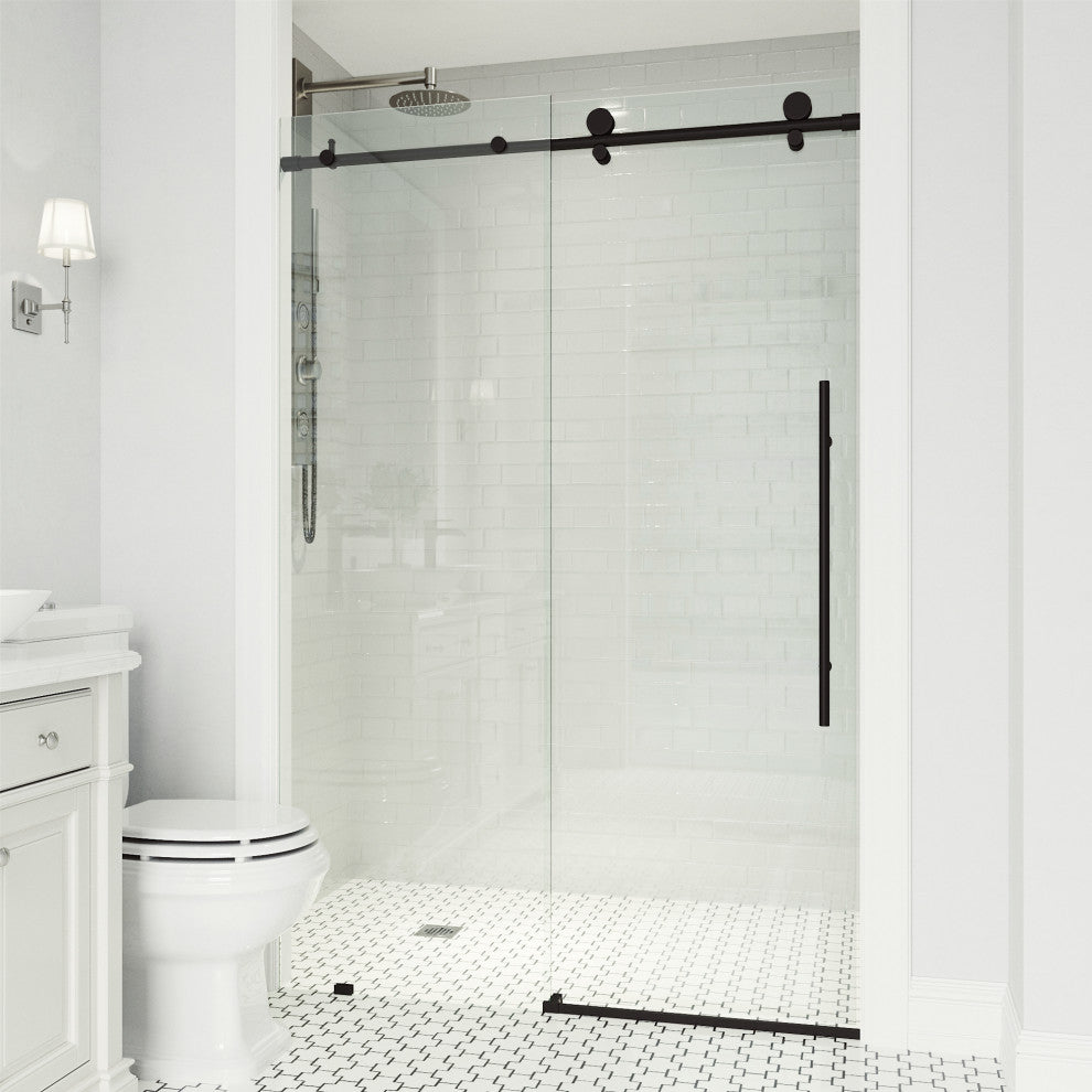 VIGO Elan E-Class 52" to 56" W x 76" H Frameless Sliding Shower Door, Matte Black, Clear Glass