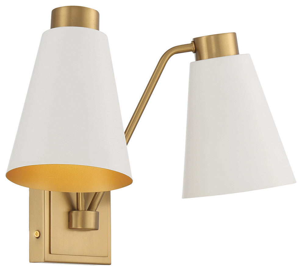 2-Light Wall Sconce, Matte Black With Natural Brass, White With Natural Brass