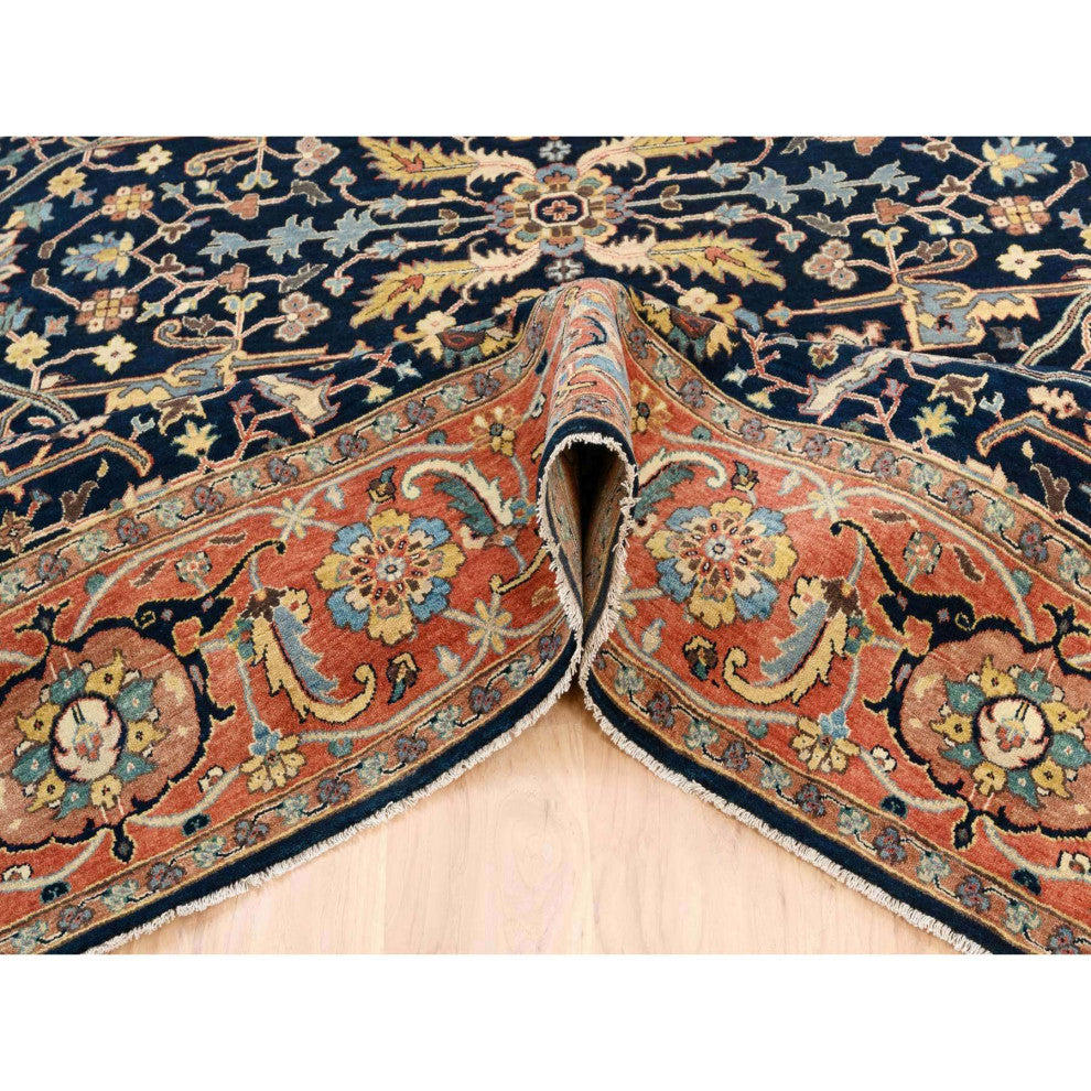 Midnight Blue Antiqued Heriz Soft Wool Hand Knotted Oriental Rug, 8'1"x10'1"