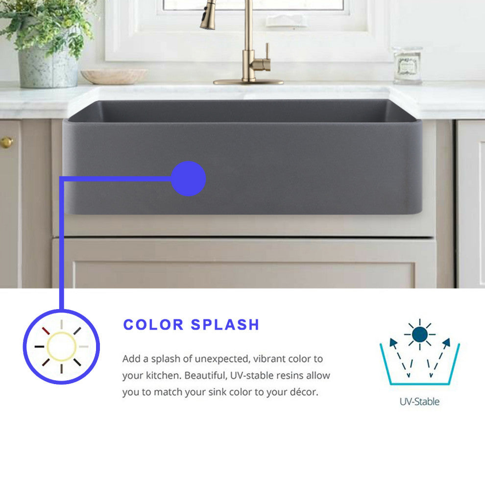 33" x 19" Gray Quartz Single Bowl Farmhouse Apron Kitchen Sink