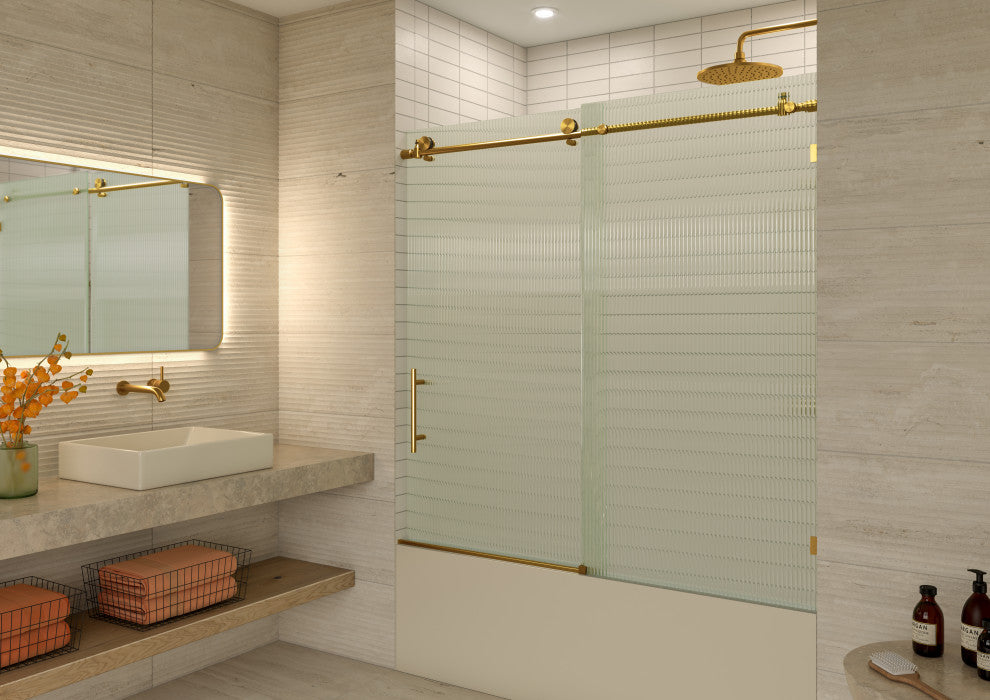 Galaxy 60"x60" Frameless Glass Sliding Bathtub Doors, Satin Brass, Left