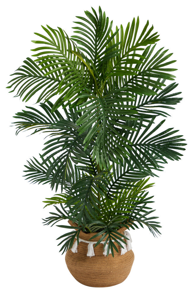 4' Areca Faux Palm Tree, Boho Handmade Natural Cotton Woven Planter W/Tassels