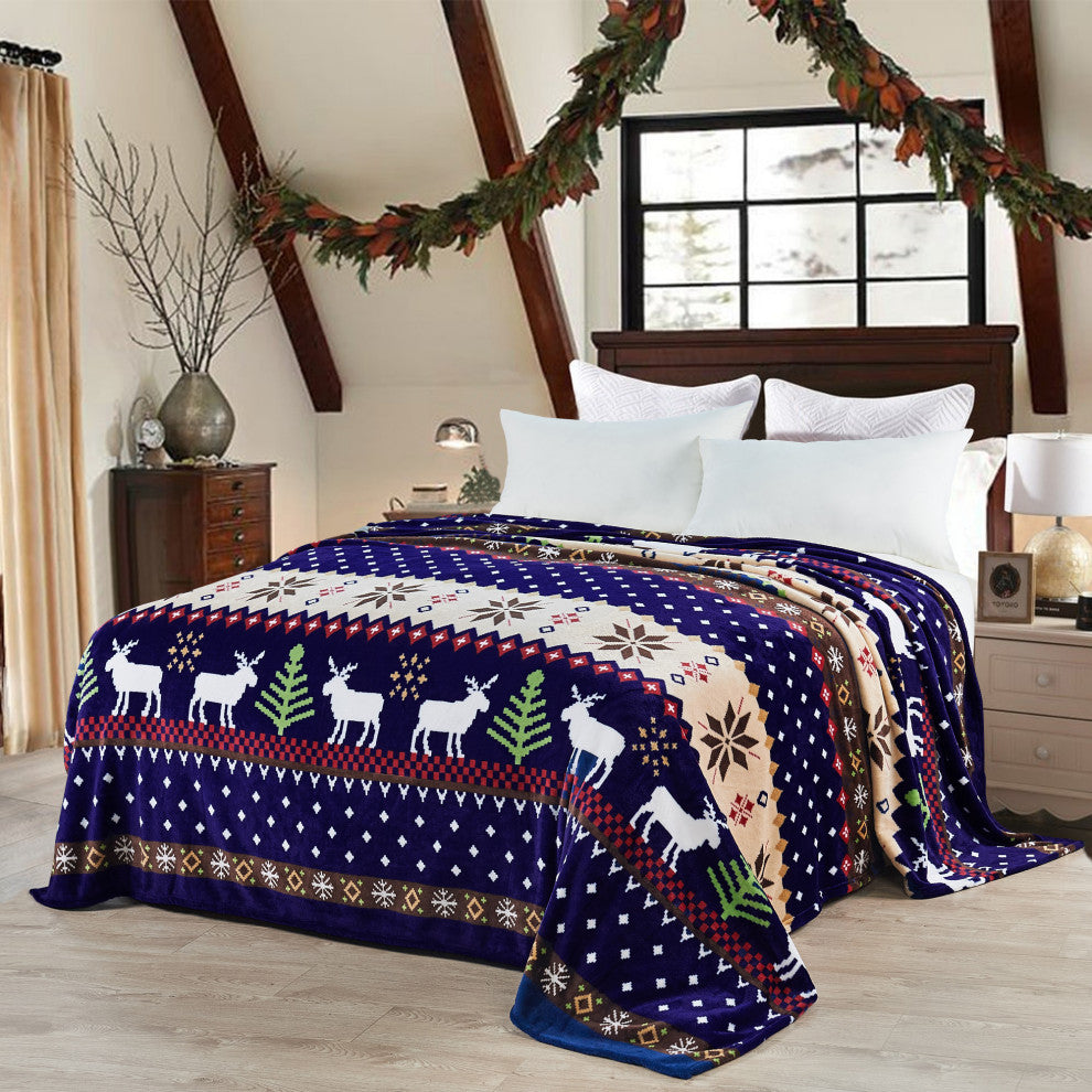 Christmas Deer Flannel Fleece Blanket, Blue Christmas Deer, Queen