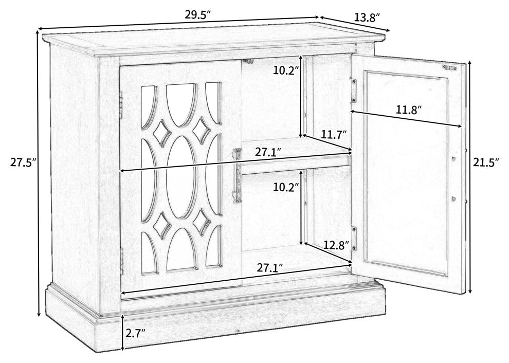 Wood Double Decorative Mirror Door Accent Cabinet, Grey, 30" X 14"