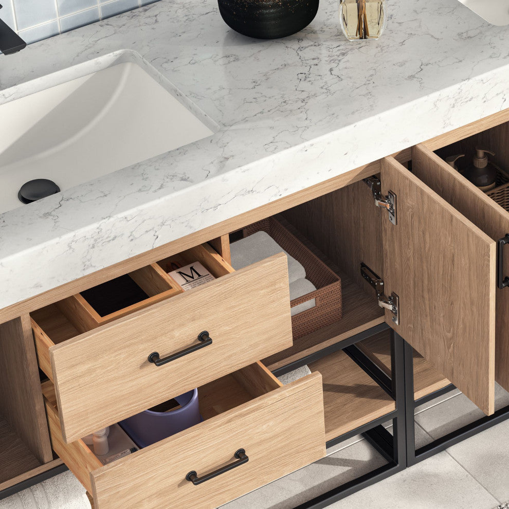 Bahia Bath Vanity, Oak, 84", Matte Black Hardware, Double, Freestanding