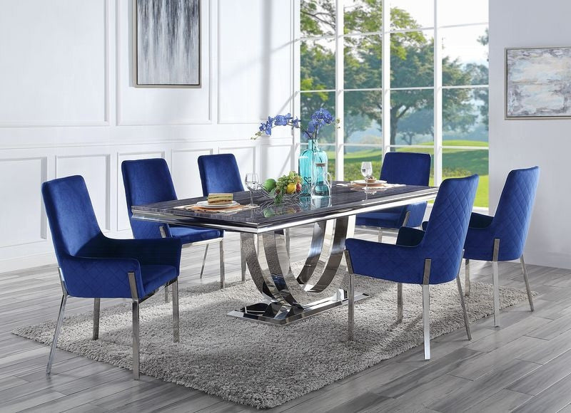 ACME Cambrie Dining Table, Faux Marble and Mirrored Silver
