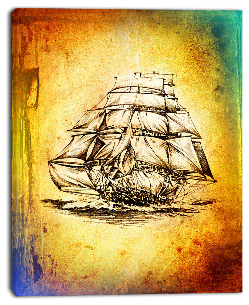 Colorful Old Moving Boat Drawing, Seashore Wall Art on Canvas, 12"x20"