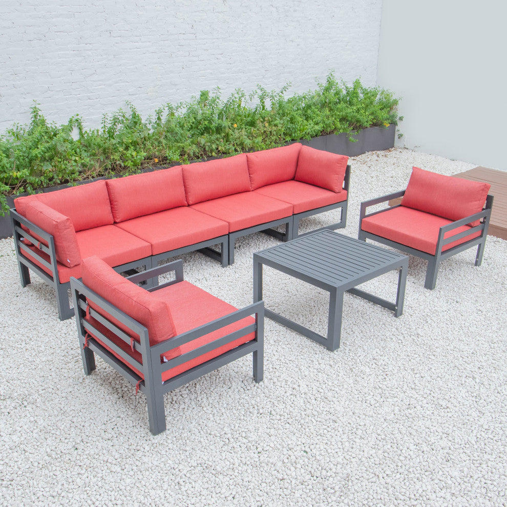 LeisureMod Chelsea 7-Piece Patio Sectional With Coffee Table, Red