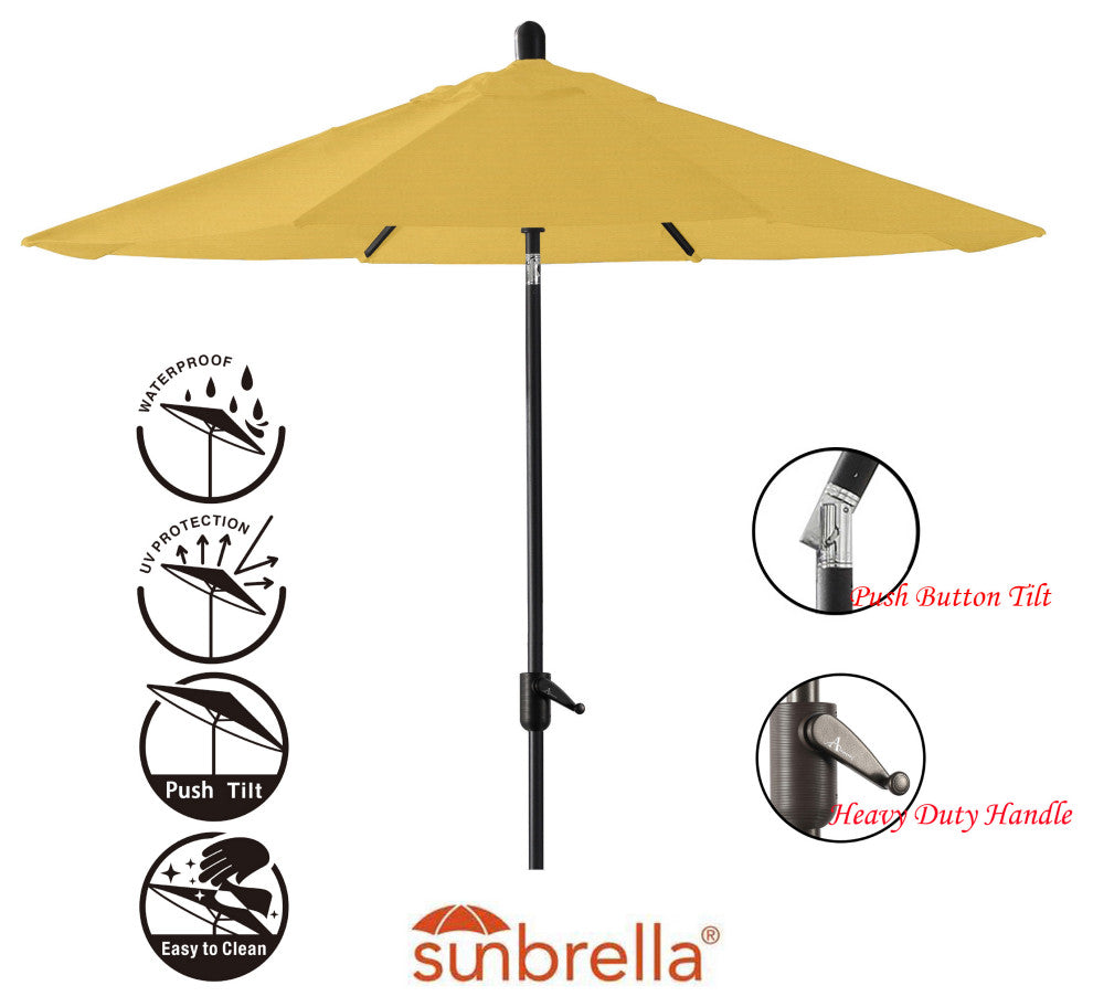 9' Round Push Tilt Market Umbrella, Black Frame, Sunbrella, Sunflower Yellow