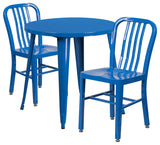 Flash Commercial Grade 30" Round Blue Metal Table Set, 2 Vertical Slat Chairs