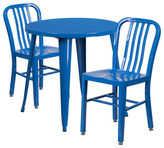 Flash Commercial Grade 30" Round Blue Metal Table Set, 2 Vertical Slat Chairs