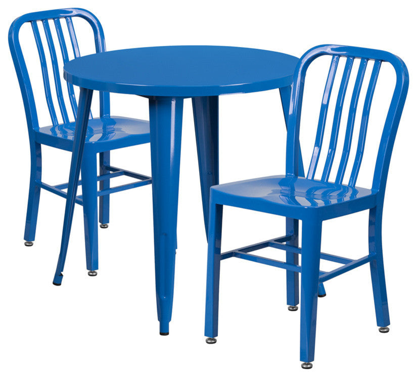 Flash Commercial Grade 30" Round Blue Metal Table Set, 2 Vertical Slat Chairs