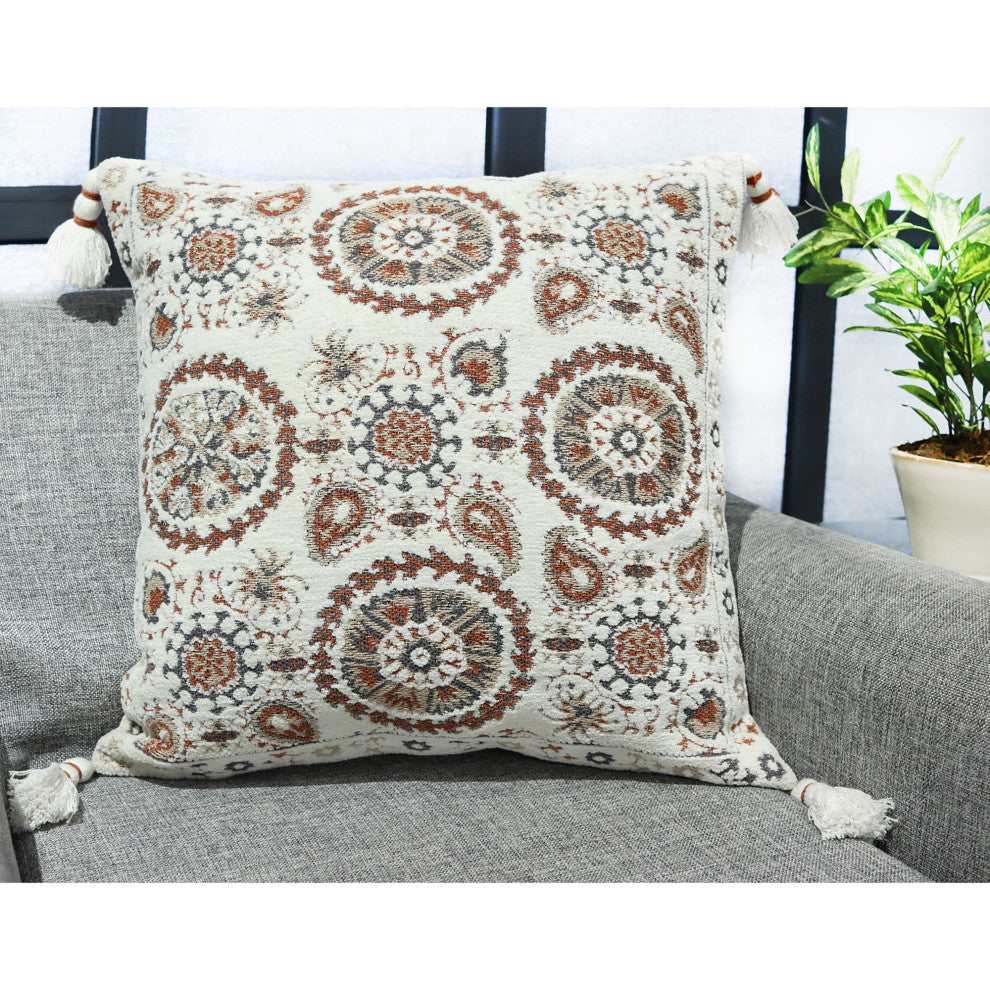 Off-White Machine Woven with Tassels Burbank Throw Pillow, 20" x 20"