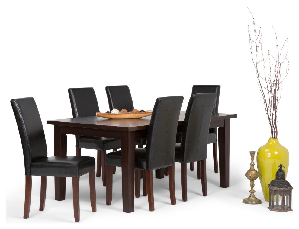 7 Pc Set With 6 Parson Chairs In Midnight Black Faux Leather And 66" Wide Table