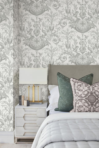 Avian Fountain Toile Gray Wallpaper