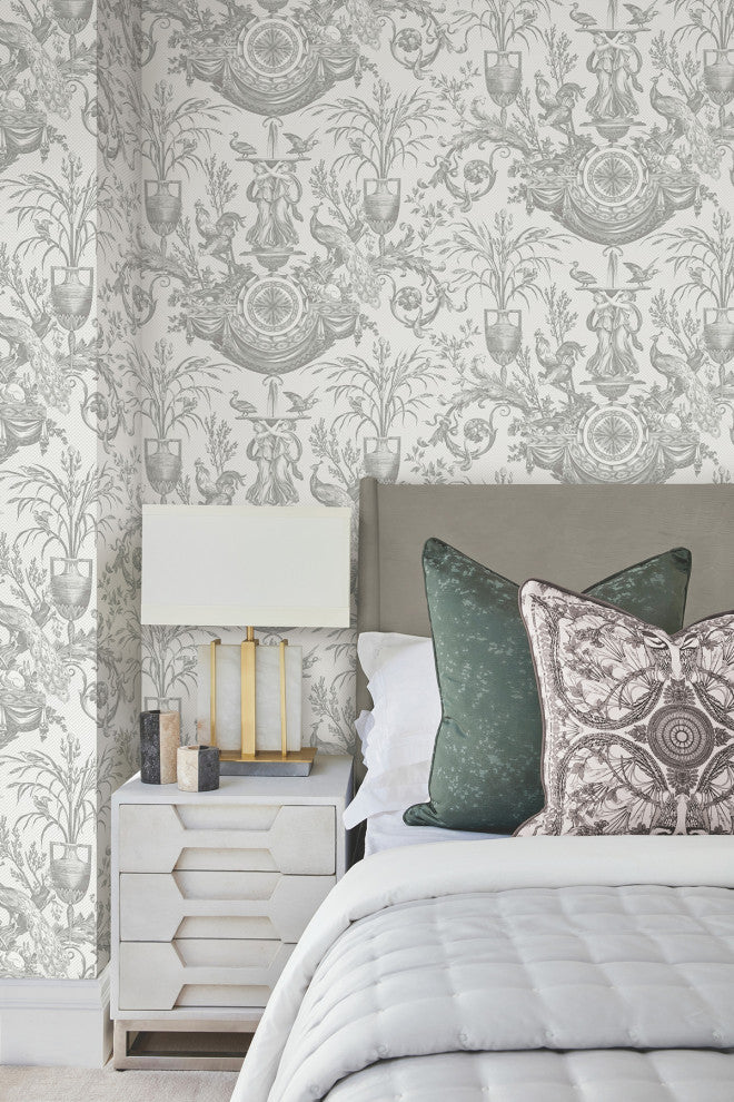 Avian Fountain Toile Gray Wallpaper