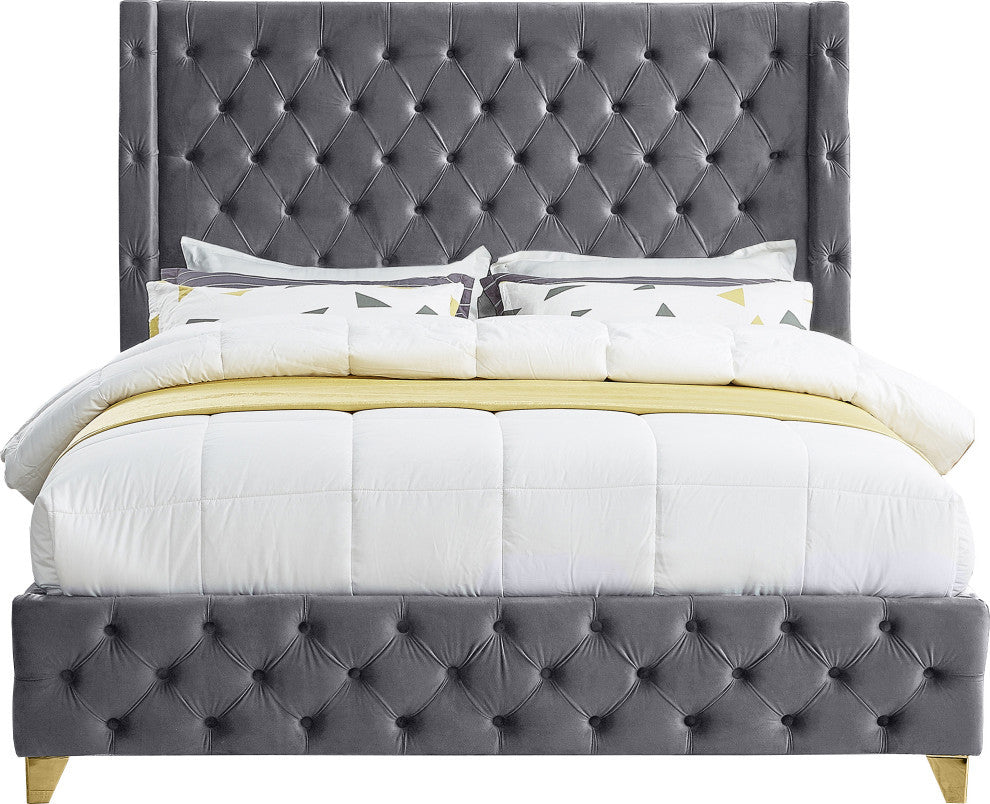 Savan Velvet Upholstered Bed, Gray, Queen