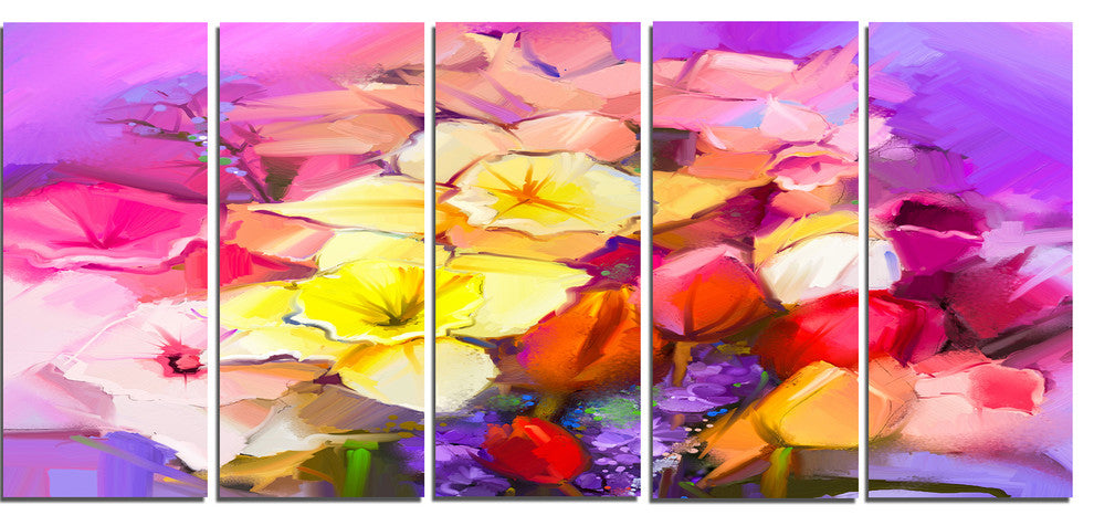 Bouquet of Daffodil and Tulip Flowers, Floral Canvas Print, 60"x28", 5 Panels