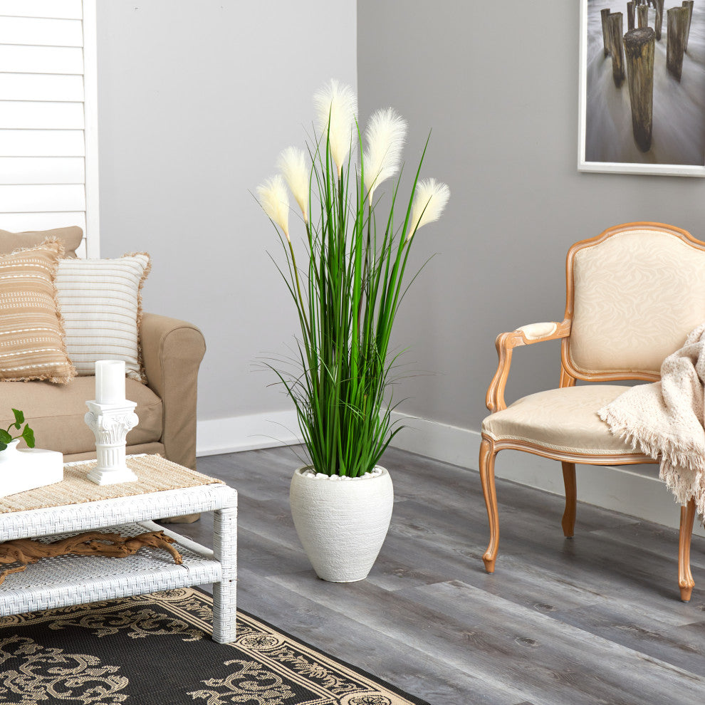 Nearly Natural 4.5" Wheat Plum Grass Artificial Plant, White Planter