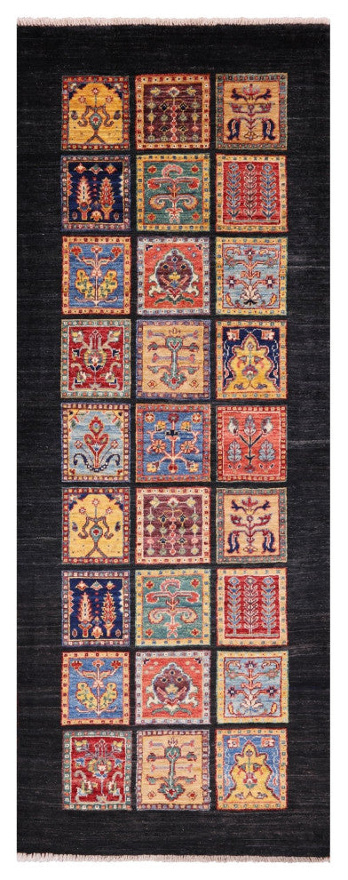 Persian Garden Design Black Handmade Wool Runner Rug 2' 8" X 7' 1" Q10692