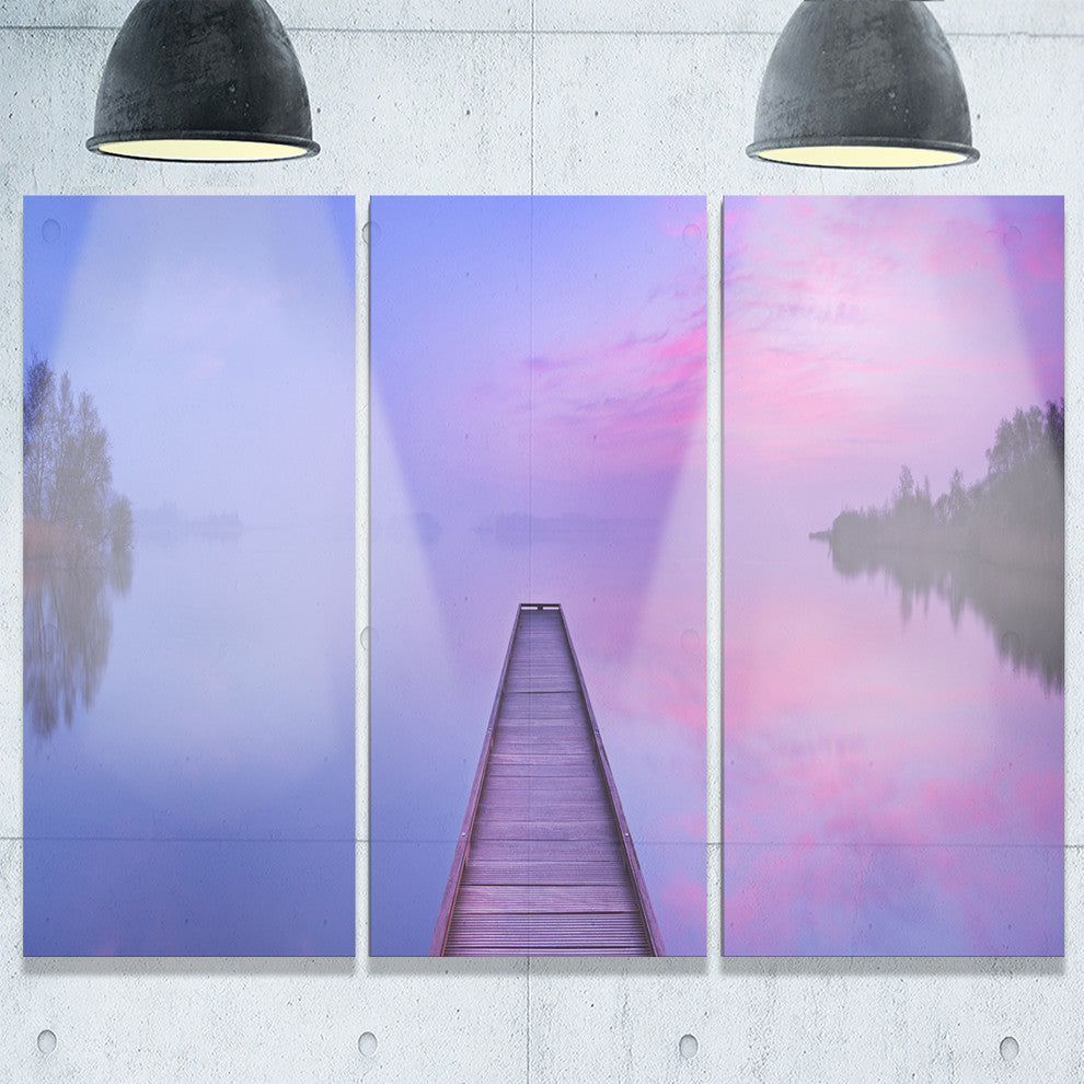 "Jetty in a Dawn Lake" Wooden Sea Bridge Metal Wall Art, 3 Panels, 36"x28"