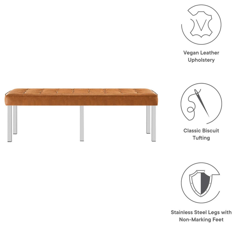 Loft Tufted Large Upholstered Faux Leather Bench Silver Tan