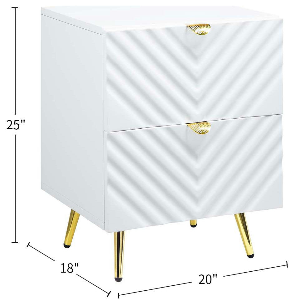 High Gloss Finish Nightstand With 2 Drawers, White