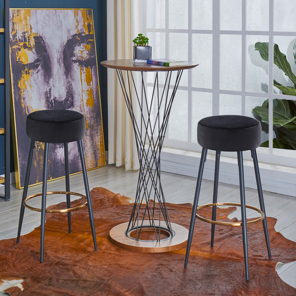 Minimalist Round Bar Stools, Black Velvet - 2 Pcs, 30 Inch