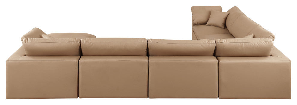 Comfy Upholstered U-Shaped Modular Sectional, Tan, 7-Piece: 3 Armless Chair, 3 Corner Chair, 1 Ottoman, Vegan Leather