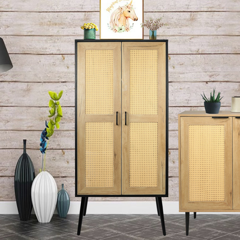 Storage Cabinet Kitchen Cupboard With Rattan Design Natural