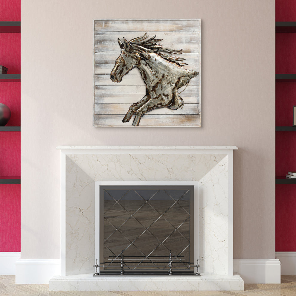 "Golden Horse" Metallic Hand Painted Wall Art on Rugged Wooden Blocks Wall 32x32