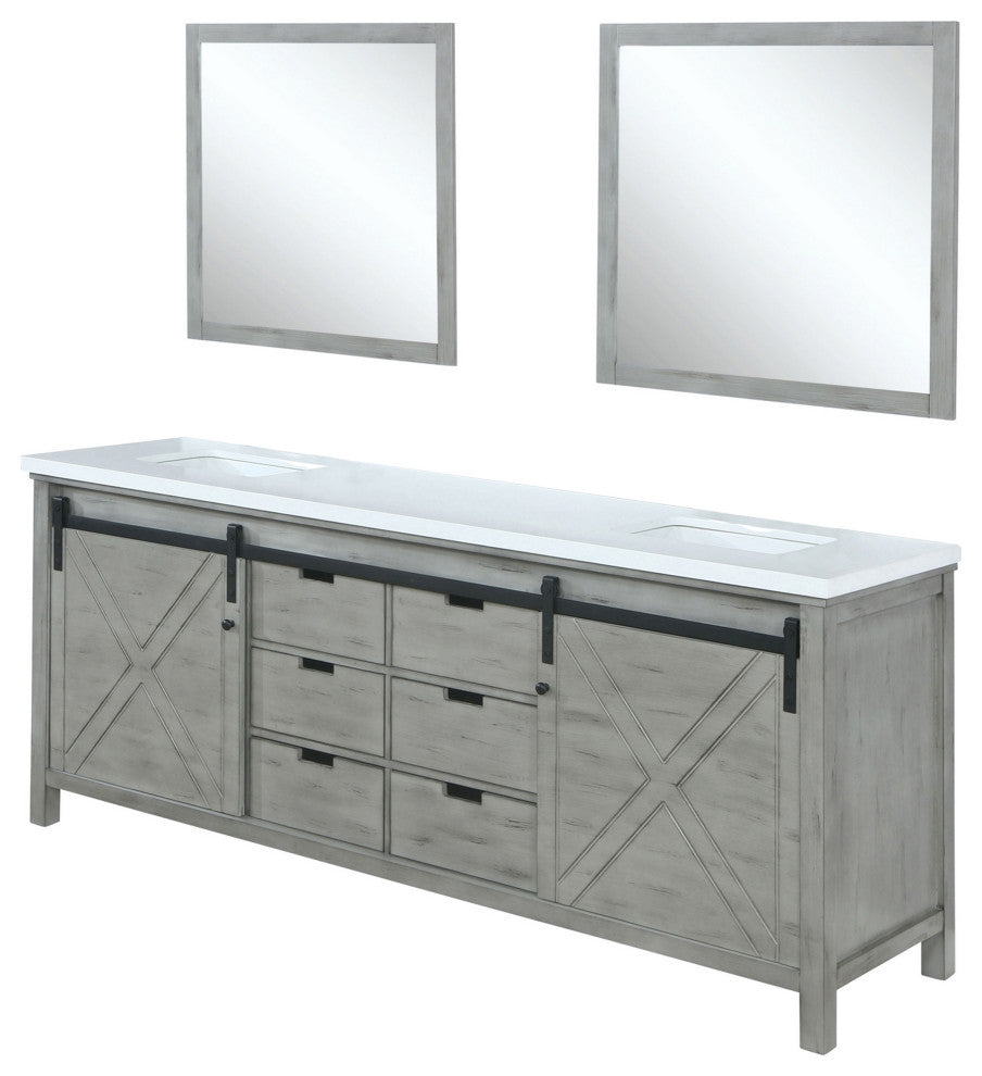 Marsyas 80" Ash Gray Double Vanity Ash Gray Quartz Top Sinks, 30" Wall Mirrors