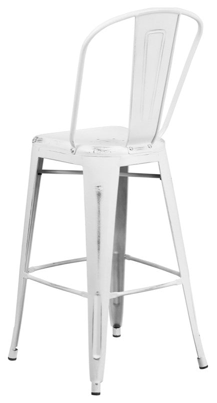 Commercial Grade 30" High Distressed White Metal Indoor-Outdoor Barstool,Back