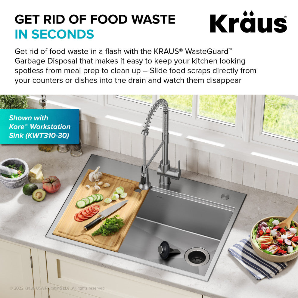 WasteMate Continuous Feed Garbage Disposal With 1 HP Motor for Kitchen Sink