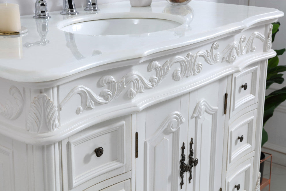 42" Single Bathroom Vanity, Antique White With Ivory White Engineered Marble