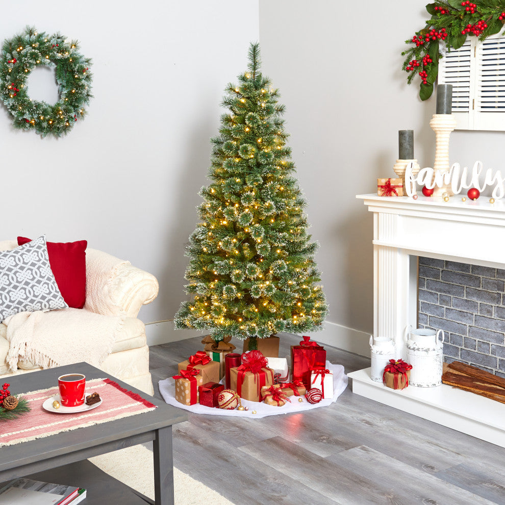 6' Wisconsin Slim Snow Tip Pine Faux Christmas Tree With 300 Clear LED Lights
