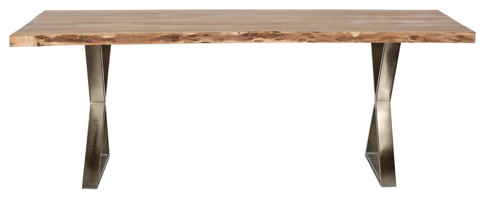 Benzara BM286396 Dining Table, Wood Top and Crossed Legs, Brown, Chrome
