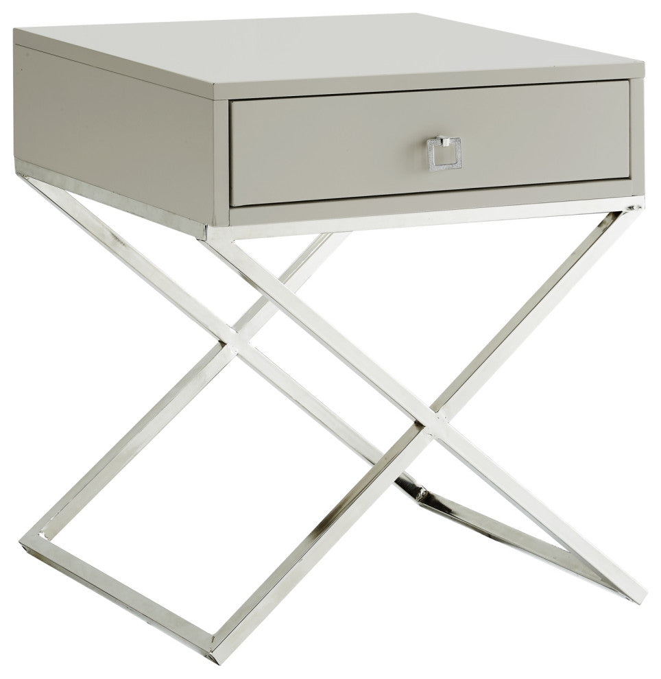 Katie Square Lacquer-Finish X-Metal Leg Nightstand, Light Grey Chrome