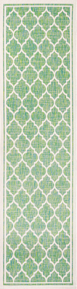Trebol Moroccan Trellis Textured Weave Indoor/Outdoor, Cream/Green, 2 X 8