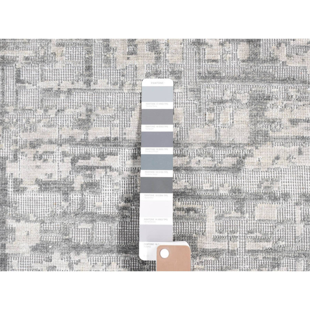 Medium Gray, THE MATRIX Design, Silk With Wool, Hand Knotted Rug, 9'2"x12'3"