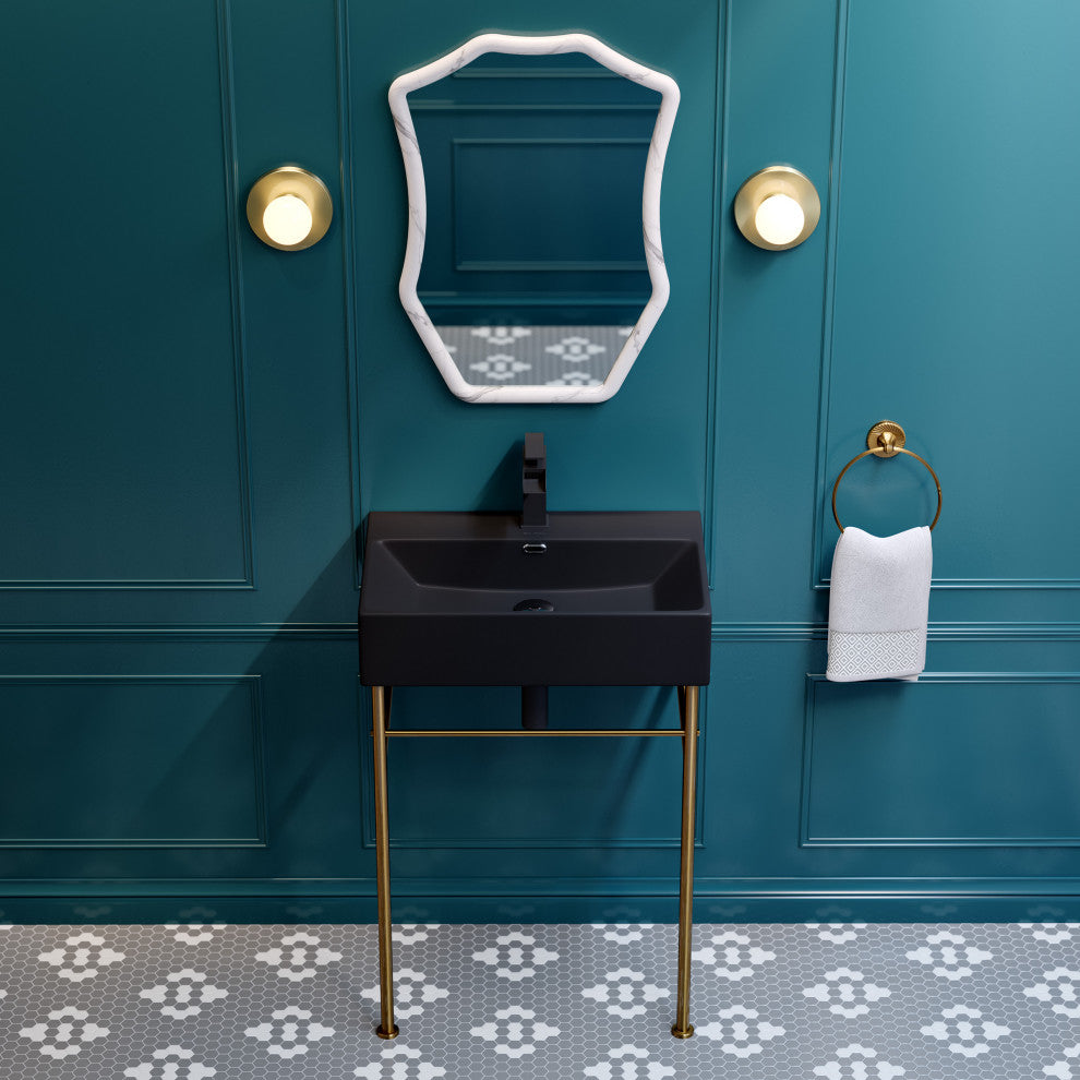 Claire 24" Ceramic Console Sink Matte Black Basin Gold Legs, Brushed Gold