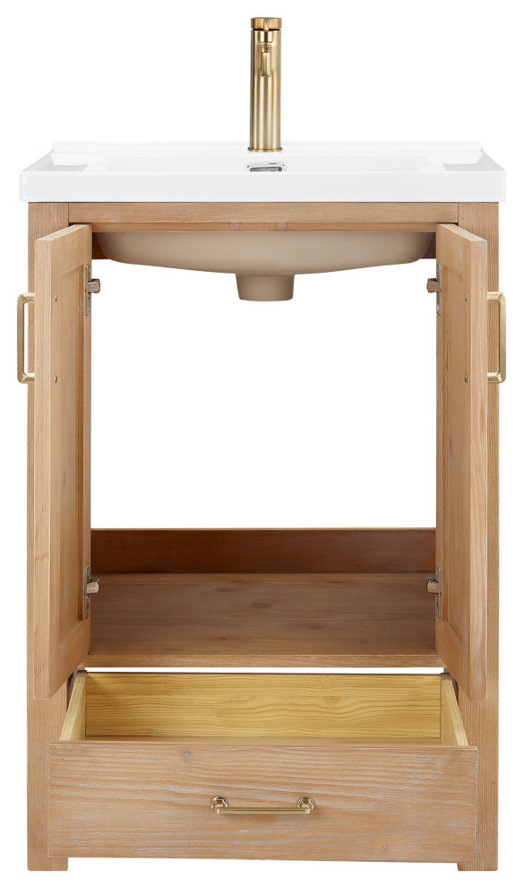 Gela Single Bath Vanity with Ceramic Basin Top, Fir Wood Brown, 24", No Mirror