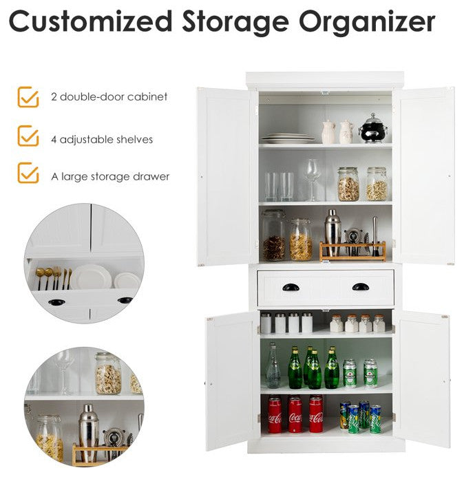 Elegant Pantry Cabinet, Large Doors With Inner Adjustable Shelves, White Finish