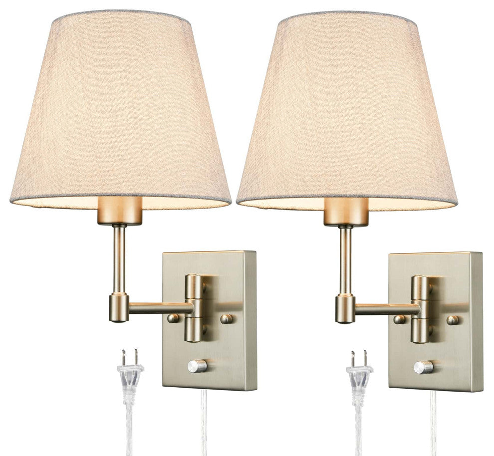 Plug-in Wall Sconces Fabric Swing Arm Wall Lamp, Set of 2, Brushed Nickel