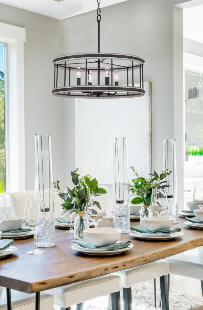 Kira Home Brynn 21" Farmhouse Pendant Drum Chandelier, White Ash Wood Style