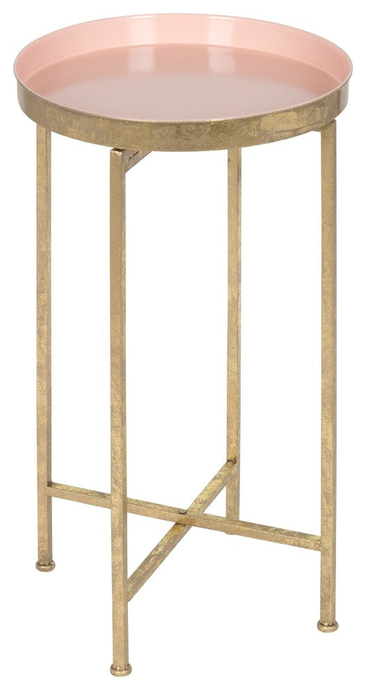 Kate and Laurel Celia Round Metal Foldable Tray Accent Table, Gold and Pink