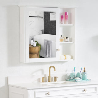 Solid Wood Bathroom Medicine Cabinet With Silver Coated Mirror, White, 34"x30"