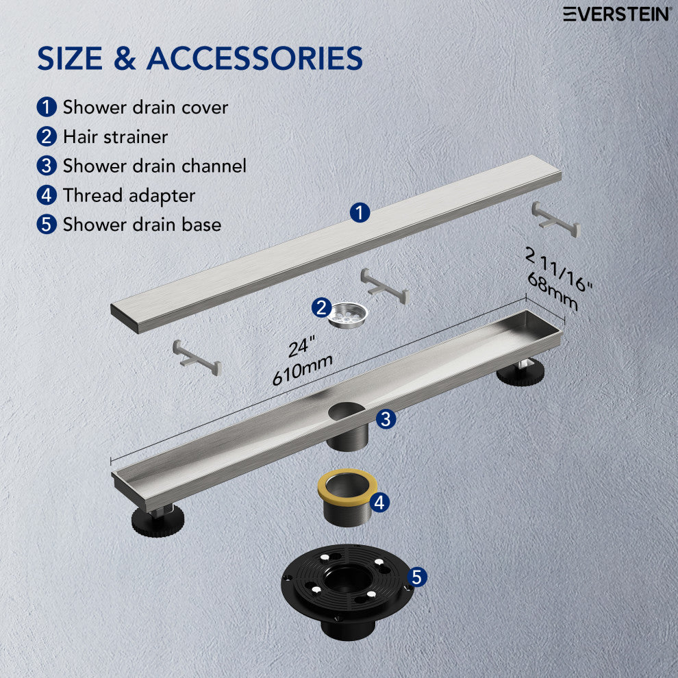 24" Stainless Steel Linear Shower Drain, Tile-In Pattern, Brushed Nickel